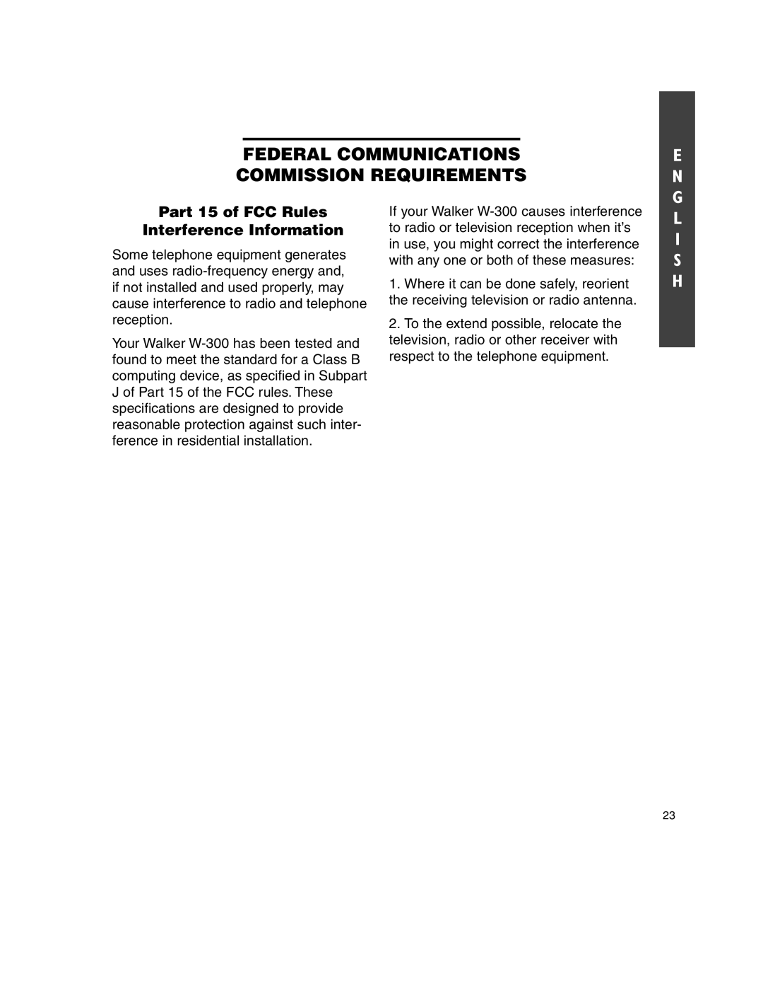 Walker W-300 manual Part 15 of FCC Rules Interference Information 