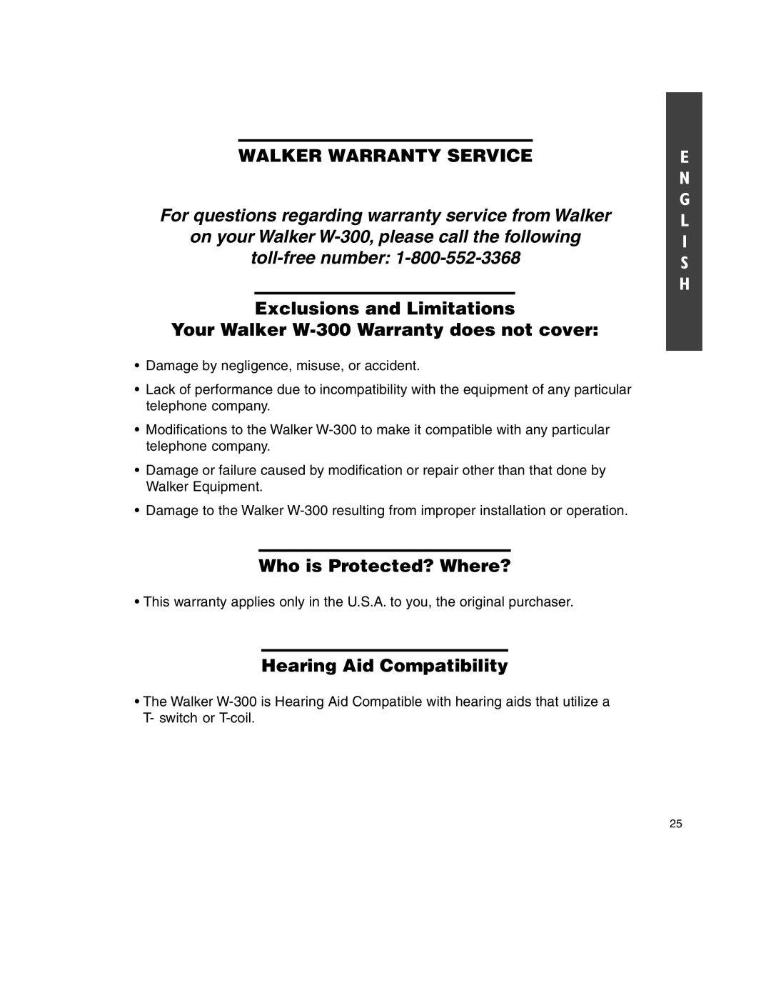 Walker W-300 manual Walker Warranty Service 