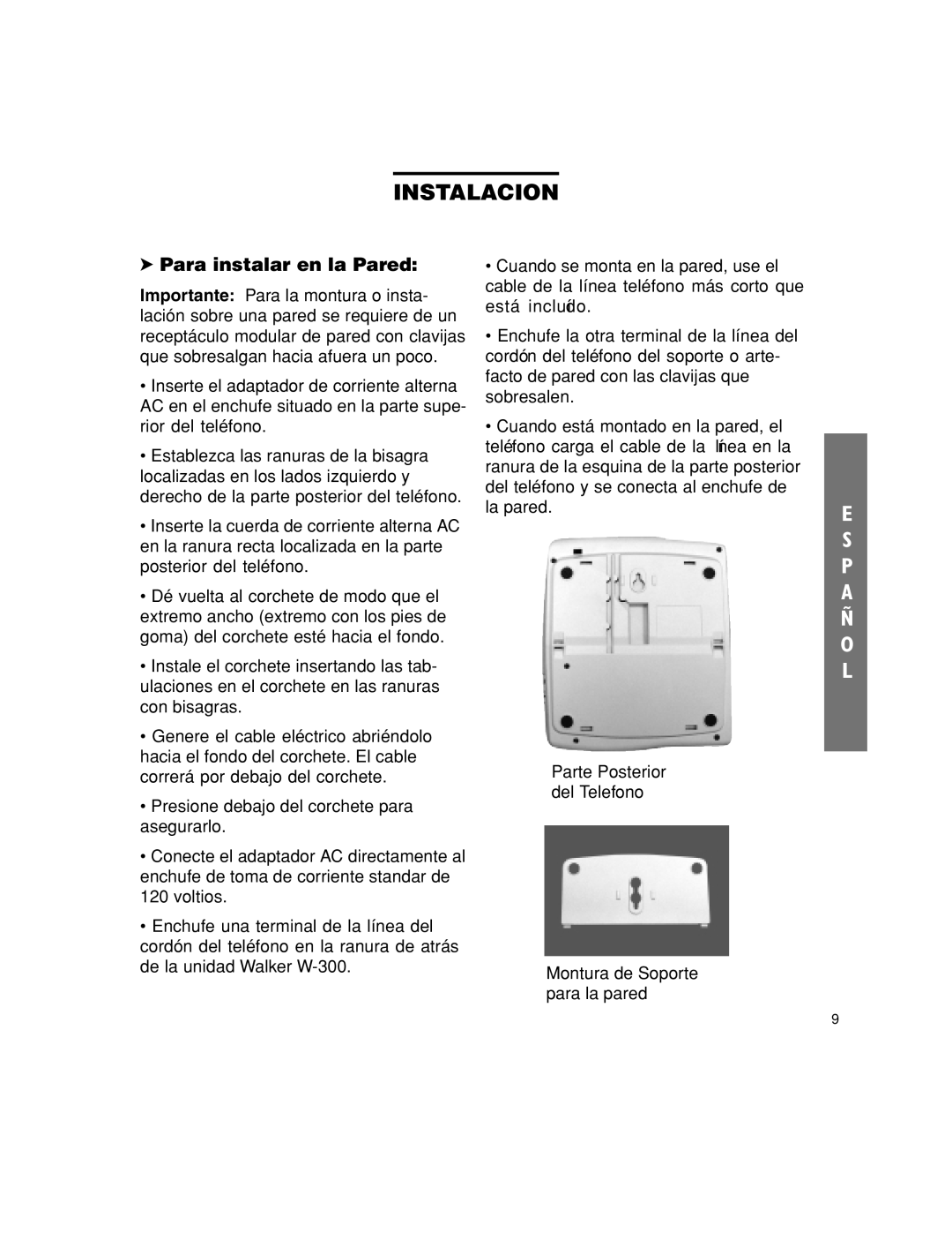 Walker W-300 manual Instalacion, Para instalar en la Pared 