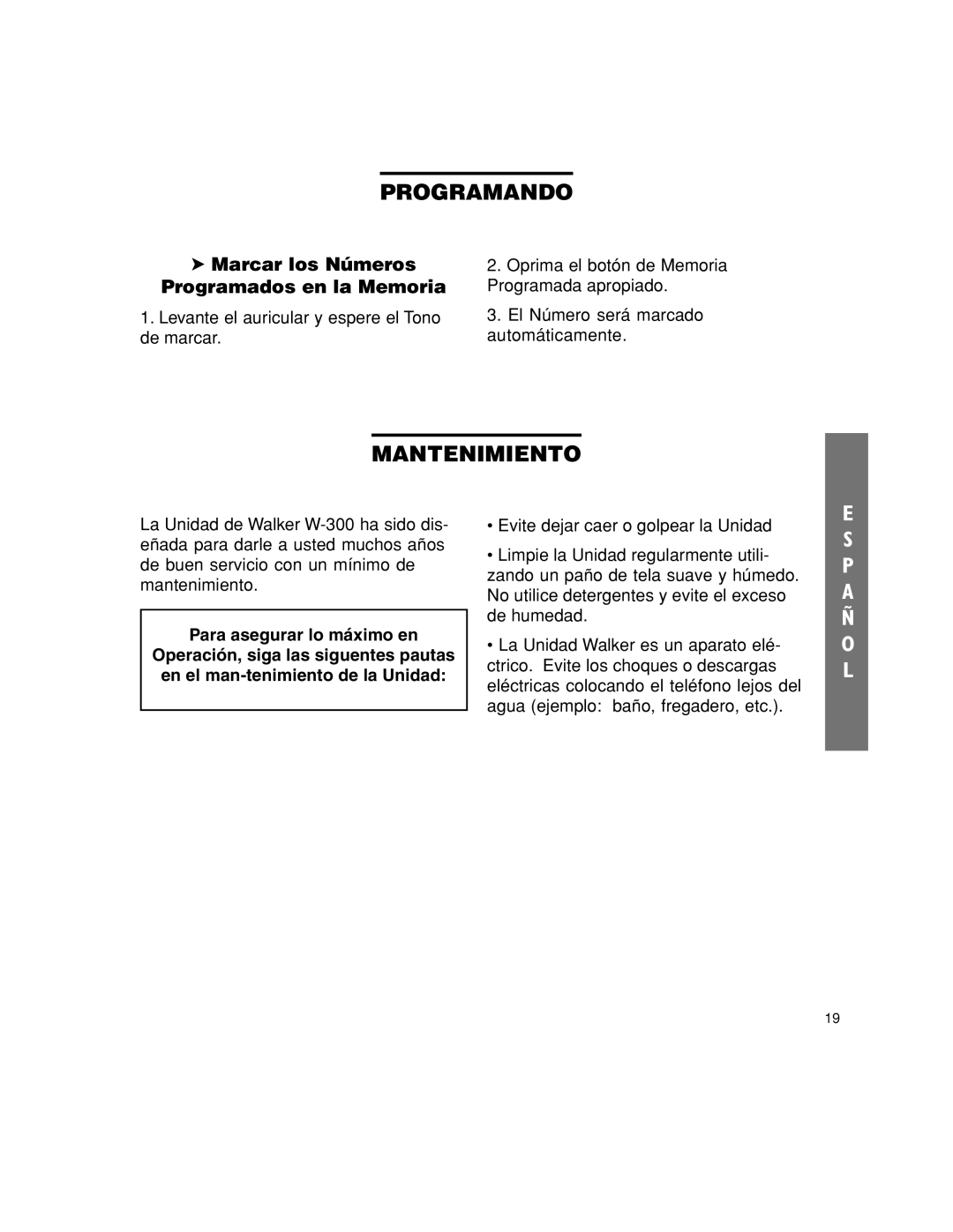 Walker W-300 manual Programando, Mantenimiento, Marcar los Números Programados en la Memoria 