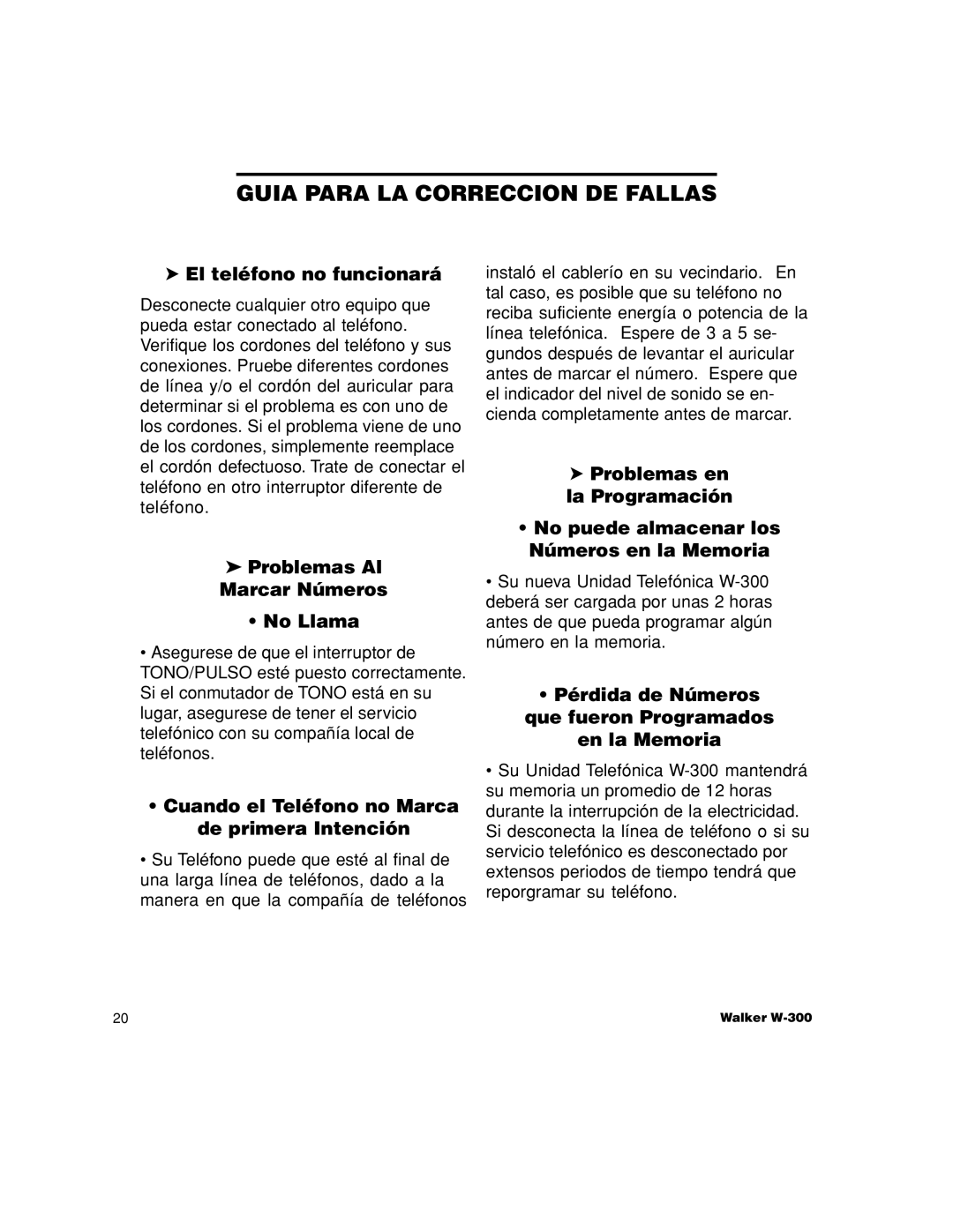 Walker W-300 Guia Para LA Correccion DE Fallas, El teléfono no funcionará, No puede almacenar los Números en la Memoria 