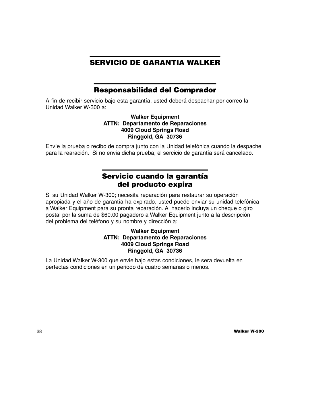 Walker W-300 manual Responsabilidad del Comprador 