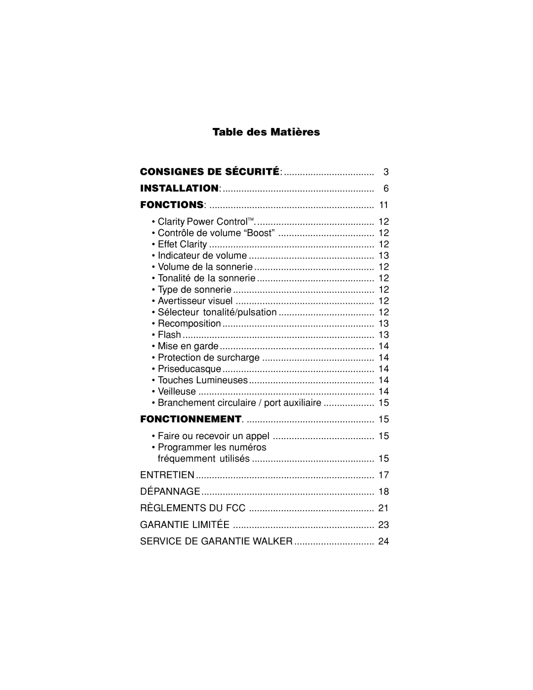 Walker W-300 manual Table des Matières, Consignes DE Sécurité Installation Fonctions 