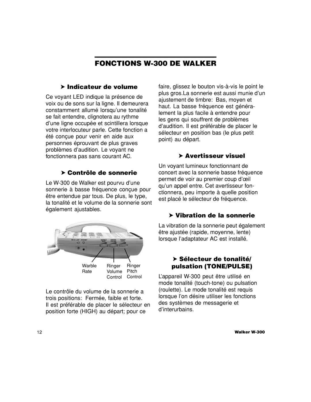 Walker W-300 manual Indicateur de volume, Contrôle de sonnerie, Avertisseur visuel, Vibration de la sonnerie 