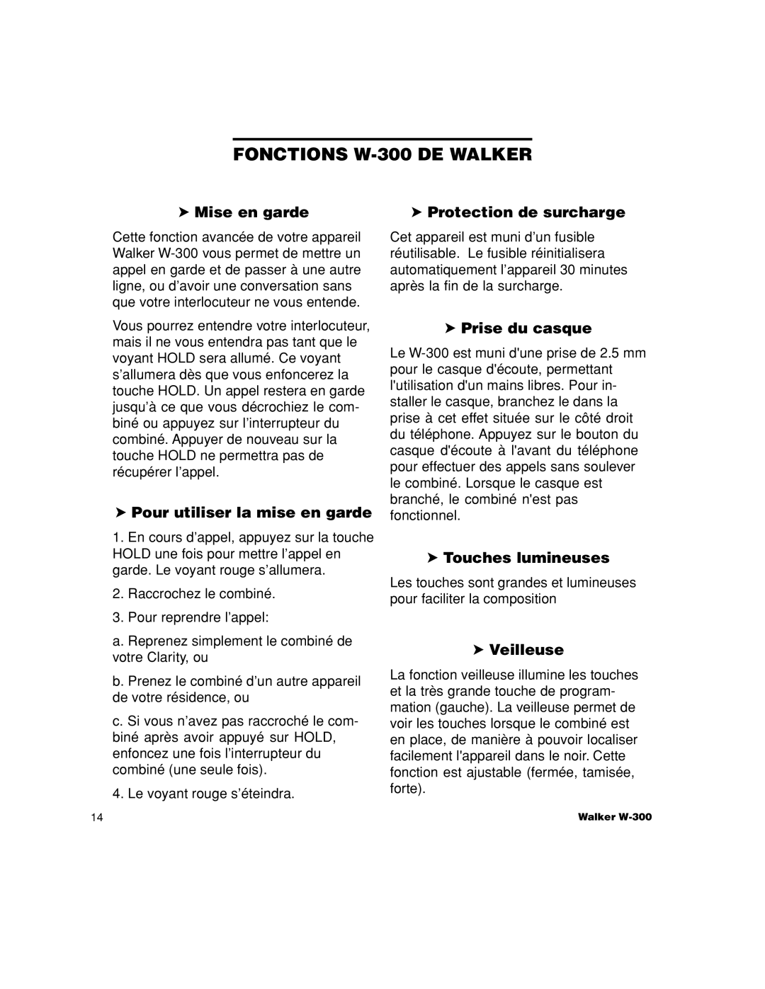 Walker W-300 Mise en garde Protection de surcharge, Pour utiliser la mise en garde, Prise du casque, Touches lumineuses 