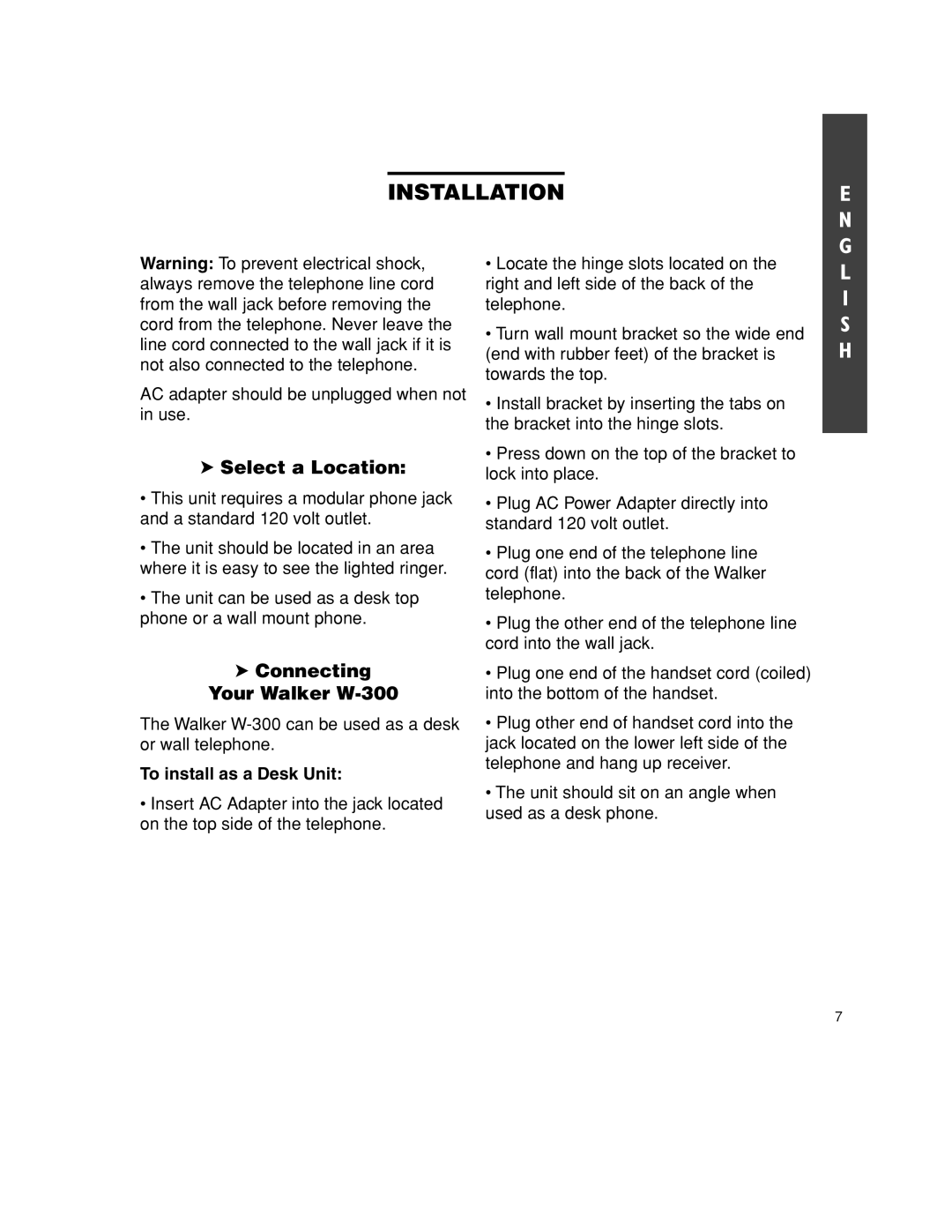 Walker manual Installation, Select a Location, Connecting Your Walker W-300, To install as a Desk Unit 