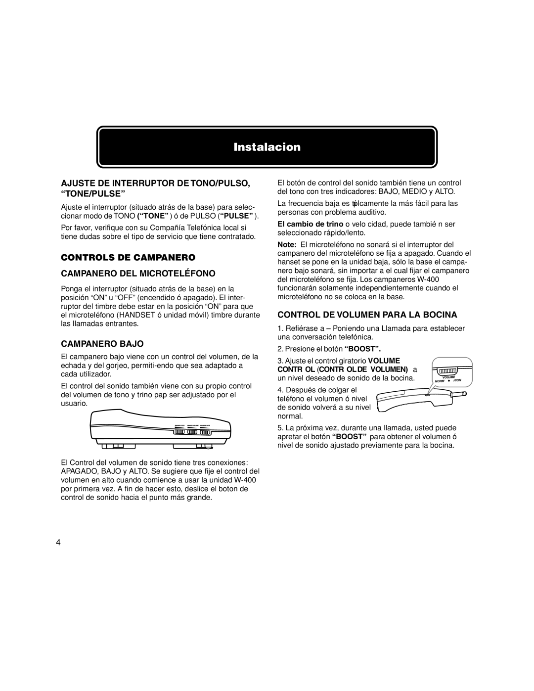 Walker W-400 user manual Ajuste DE Interruptor DE TONO/PULSO, TONE/PULSE, Controls DE Campanero Campanero DEL Microteléfono 