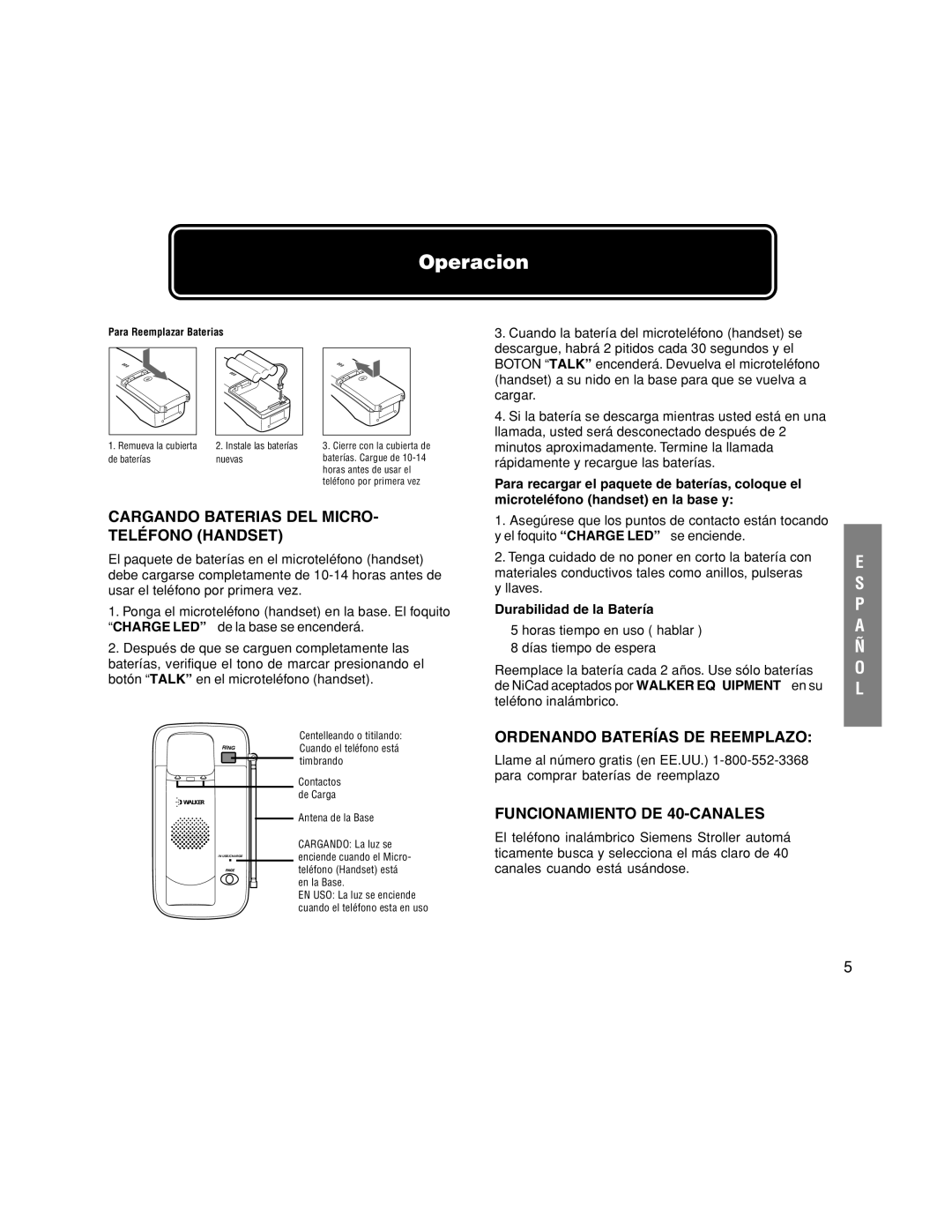 Walker W-400 user manual Operacion, Cargando Baterias DEL MICRO- Teléfono Handset, Ordenando Baterías DE Reemplazo 