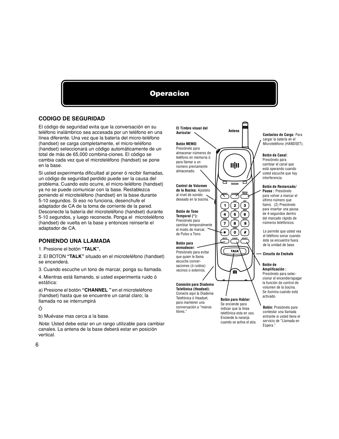 Walker W-400 user manual Codigo DE Seguridad, Poniendo UNA Llamada 