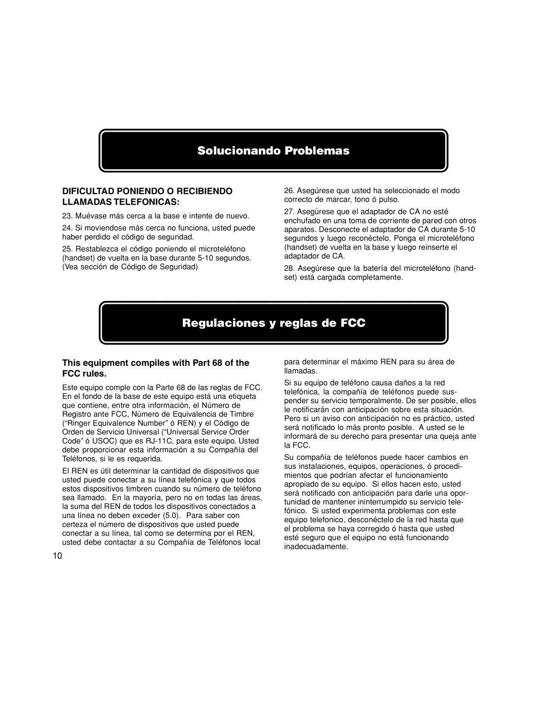 Walker W-400 user manual Regulaciones y reglas de FCC, Dificultad Poniendo O Recibiendo Llamadas Telefonicas 