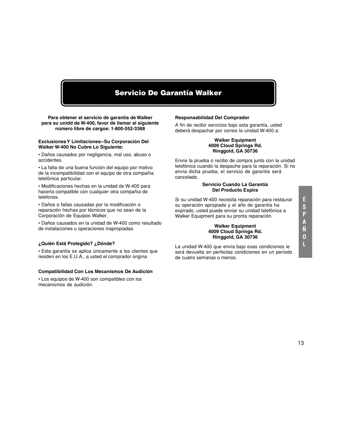 Walker W-400 user manual Servicio De Garantía Walker 