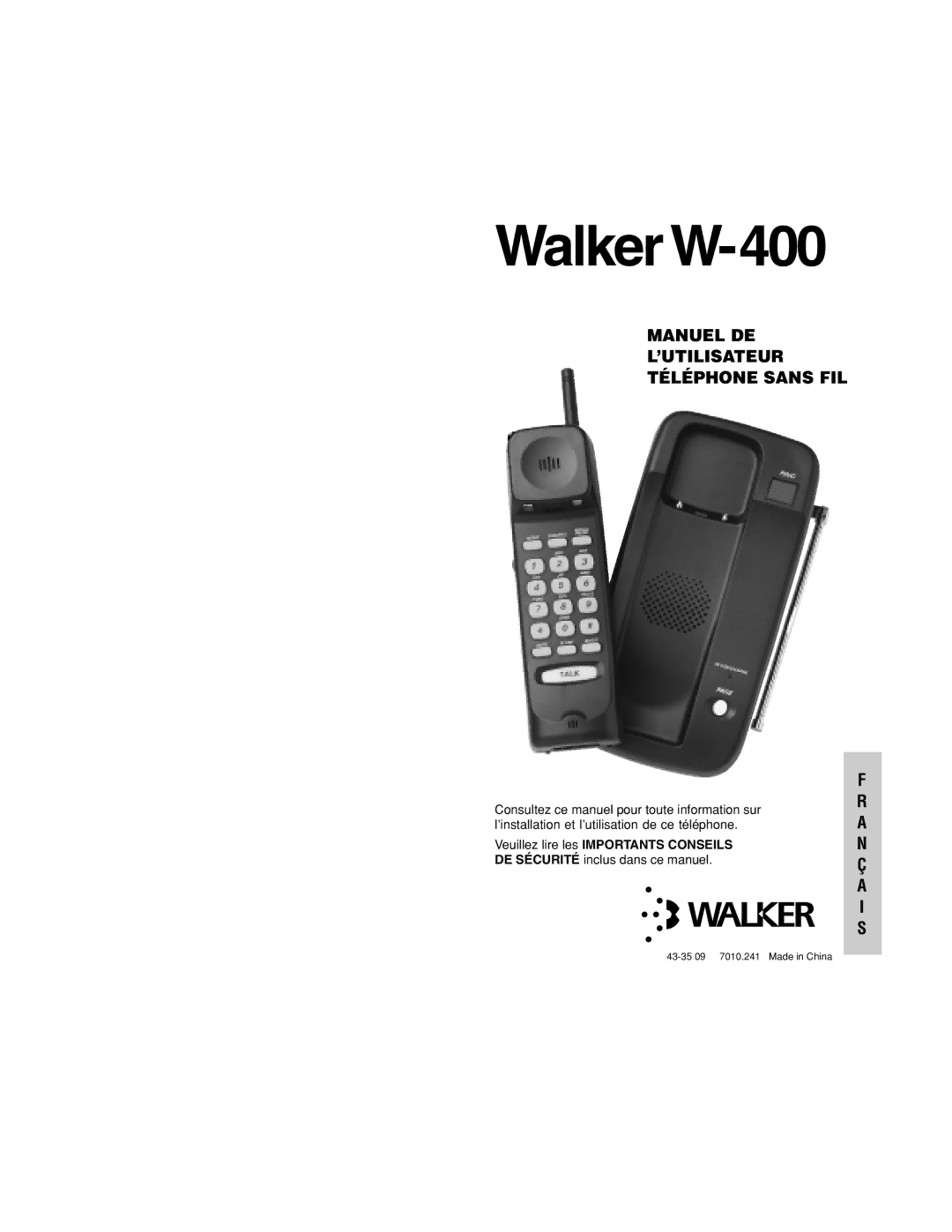 Walker W-400 user manual Manuel DE ’UTILISATEUR Téléphone Sans FIL, Veuillez lire les Importants Conseils 