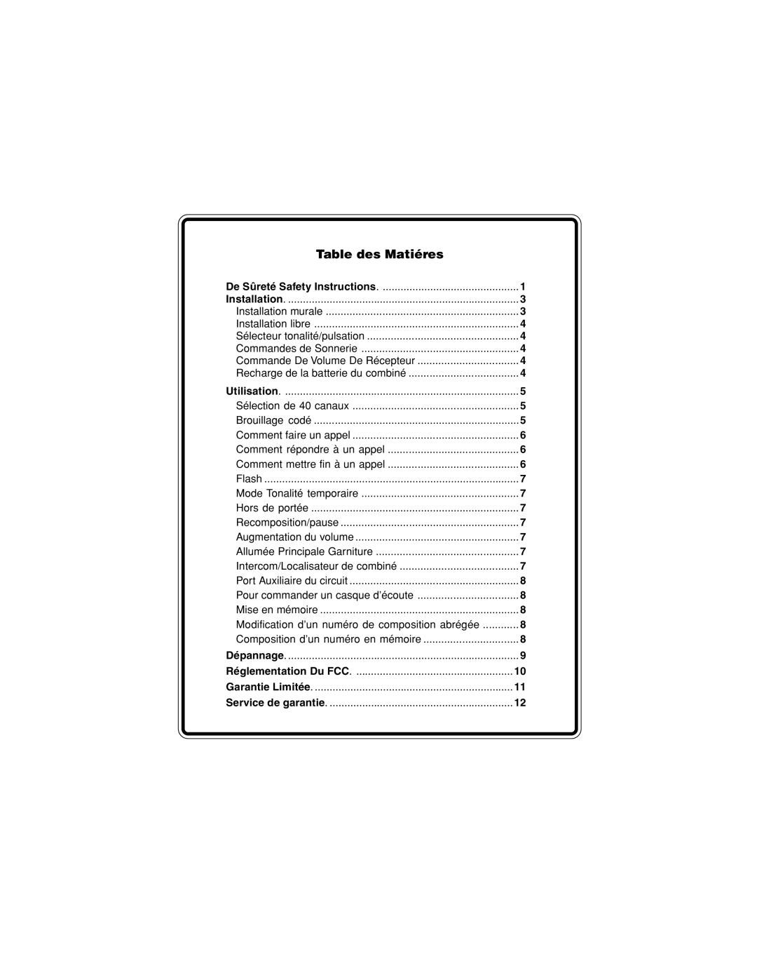 Walker W-400 user manual Table des Matiéres 