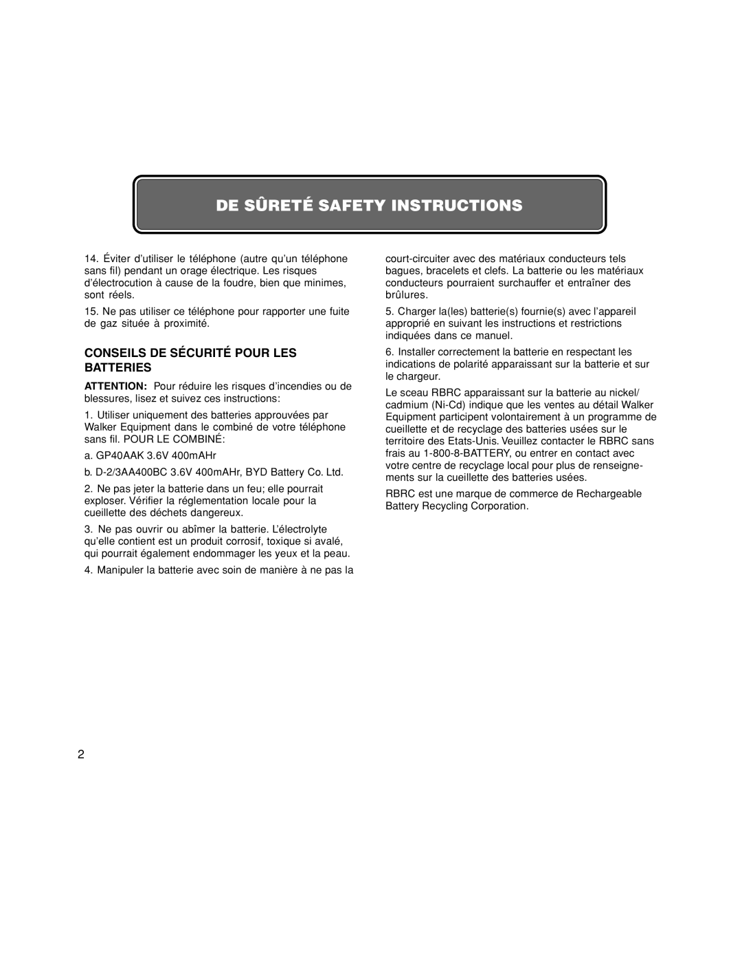 Walker W-400 user manual Conseils DE Sécurité Pour LES Batteries 