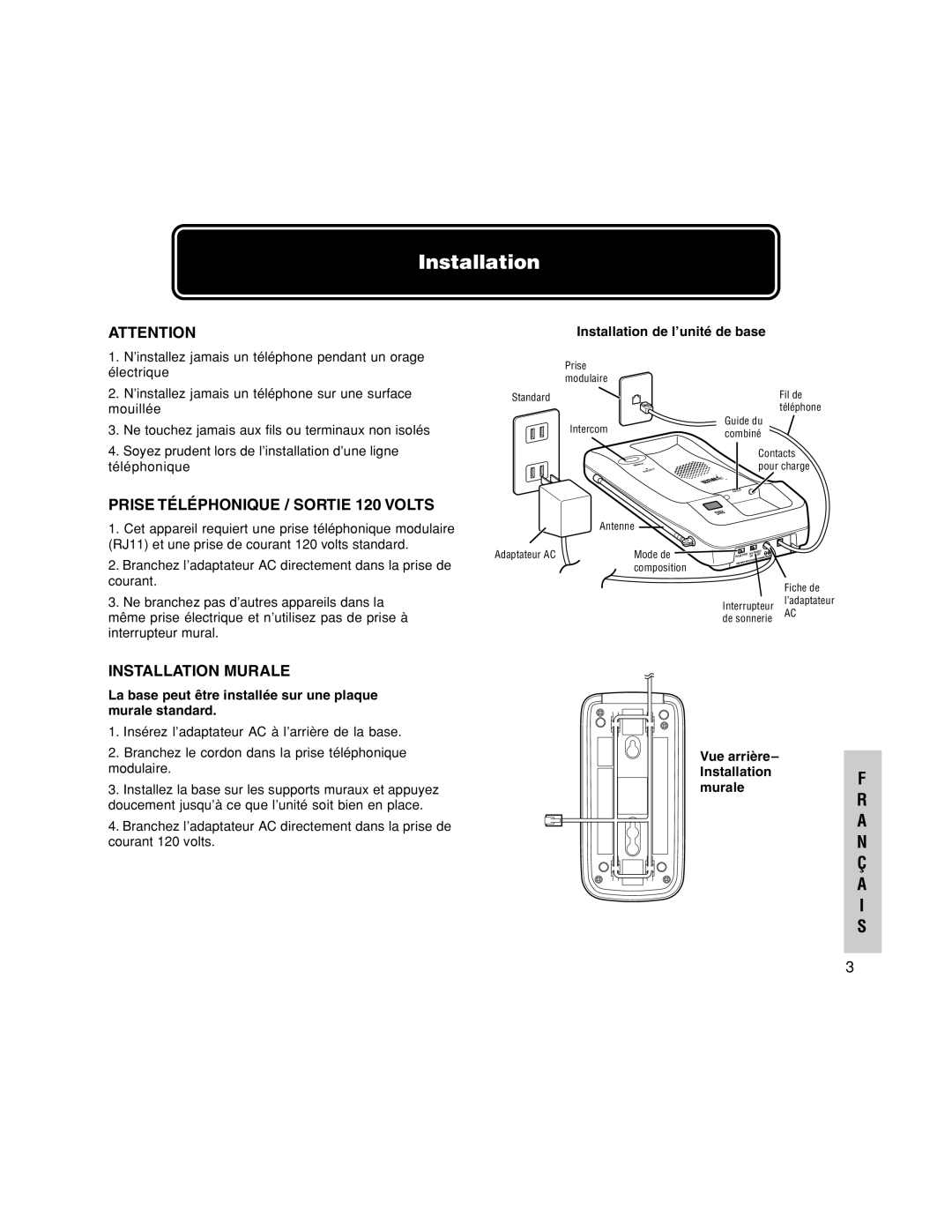 Walker W-400 user manual Prise Téléphonique / Sortie 120 Volts, Installation Murale, Installation de l’unité de base 