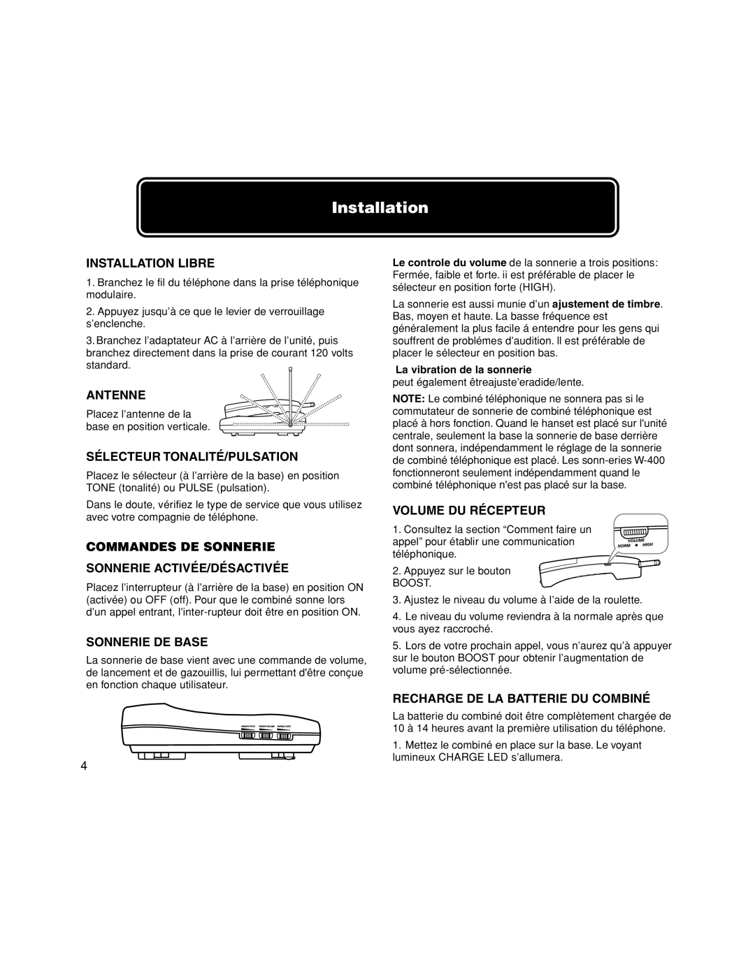 Walker W-400 Installation Libre, Antenne, Sélecteur TONALITÉ/PULSATION, Commandes DE Sonnerie Sonnerie ACTIVÉE/DÉSACTIVÉE 