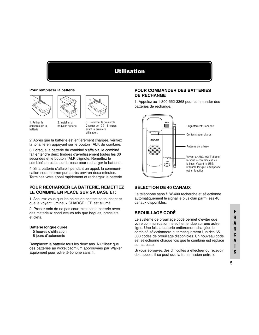 Walker W-400 user manual Utilisation, Pour Commander DES Batteries, DE Rechange, Sélection DE 40 Canaux, Brouillage Codé 