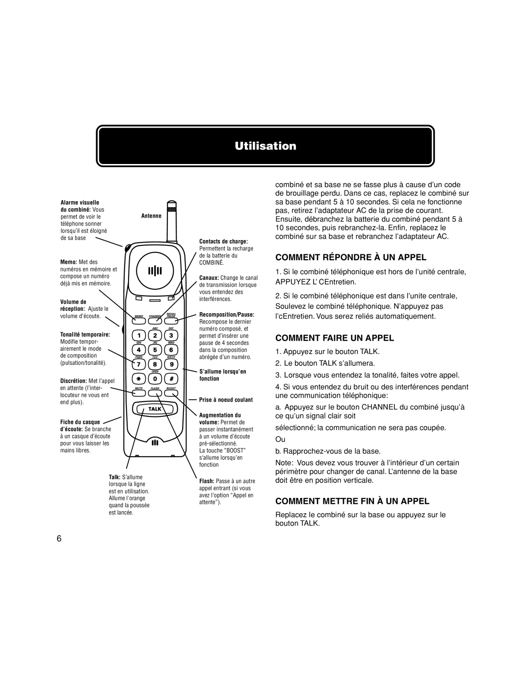 Walker W-400 user manual Comment Répondre À UN Appel, Comment Faire UN Appel, Comment Mettre FIN À UN Appel 