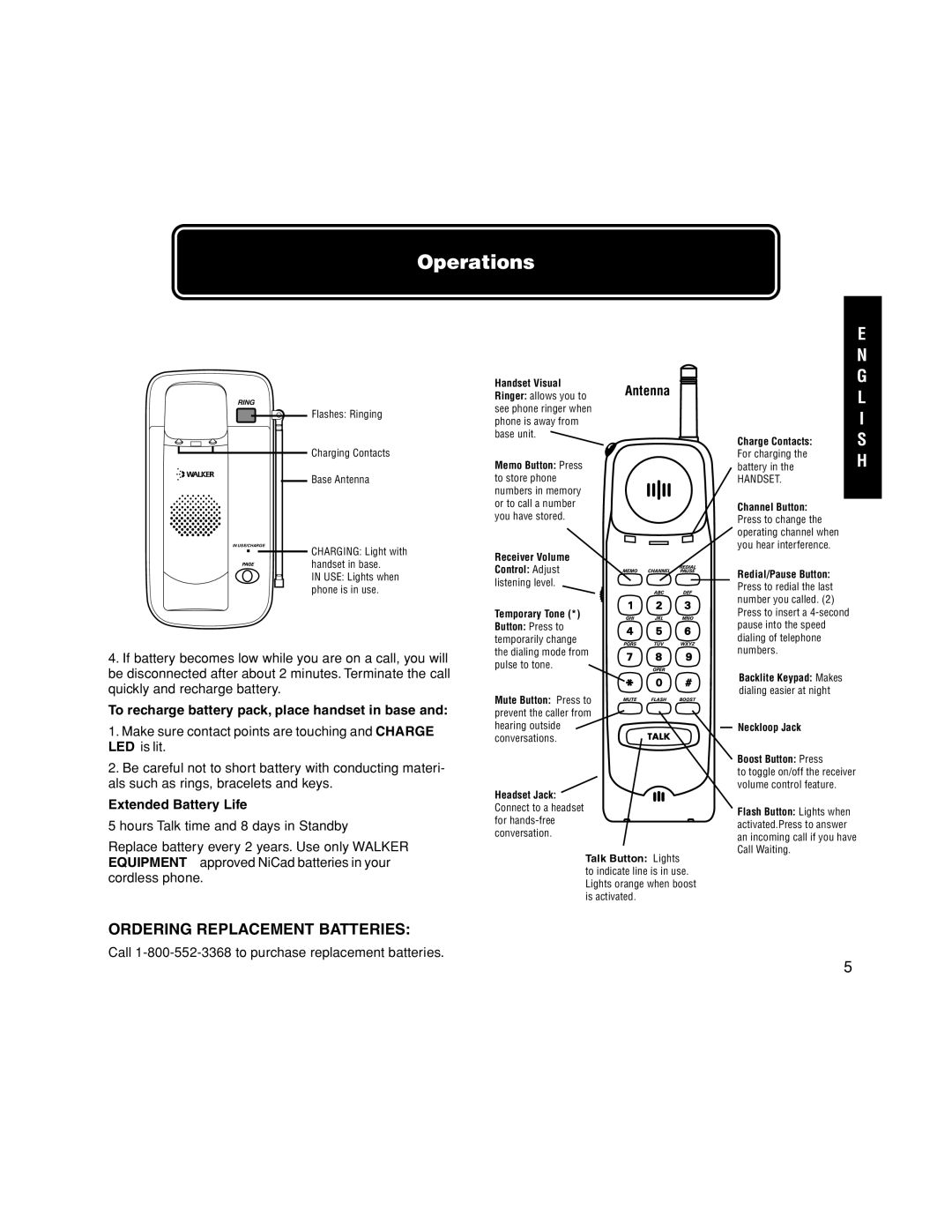 Walker W-400 user manual Operations, Ordering Replacement Batteries, To recharge battery pack, place handset in base 