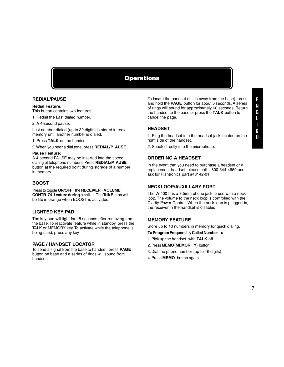 Walker W-400 Redial/Pause, Boost, Lighted KEY PAD, Handset Locator, Ordering a Headset, NECKLOOP/AUXILLARY Port 