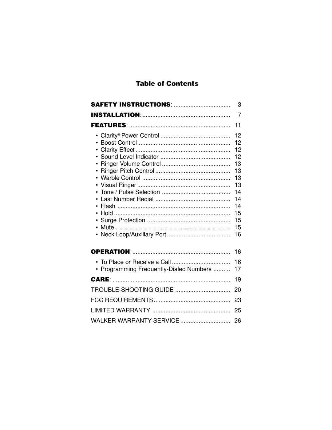 Walker W1100 manual Table of Contents 