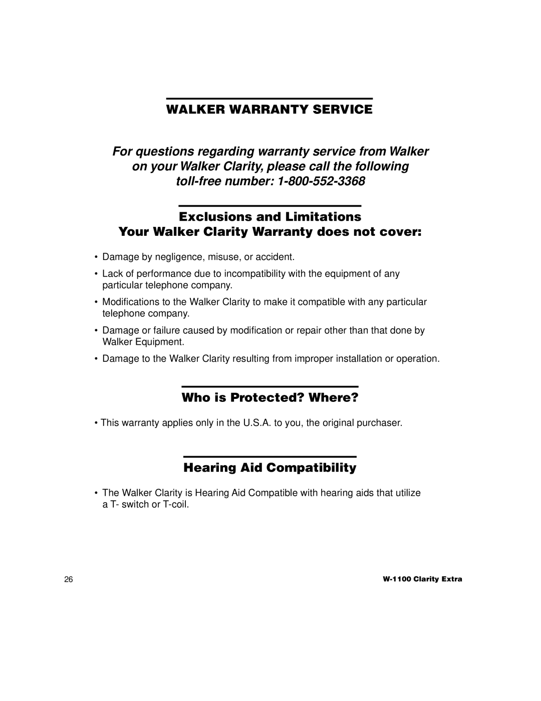 Walker W1100 manual Walker Warranty Service, Hearing Aid Compatibility 