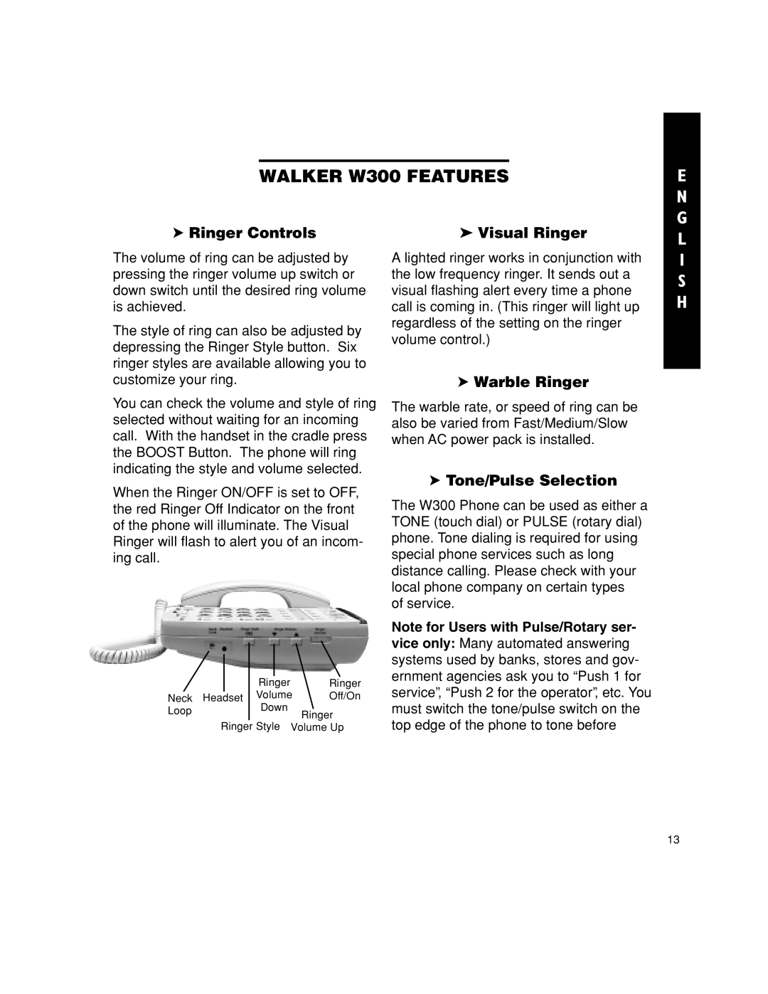 Walker W300 manual Ringer Controls Visual Ringer, Warble Ringer, Tone/Pulse Selection 