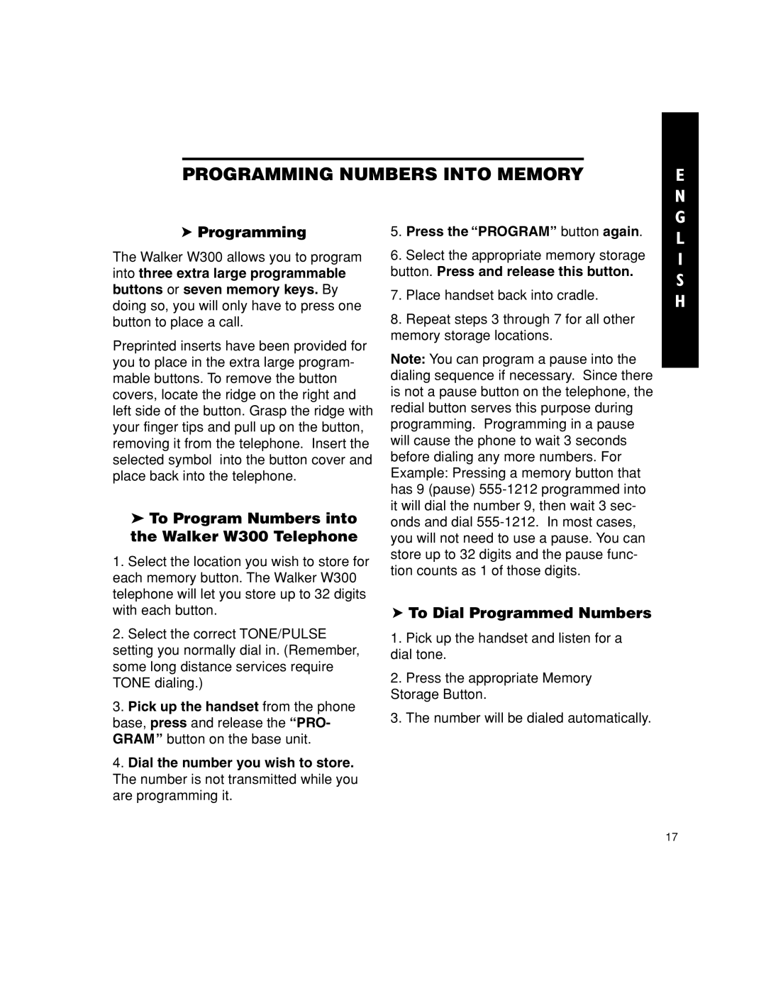 Walker Programming Numbers Into Memory, To Program Numbers into the Walker W300 Telephone, To Dial Programmed Numbers 