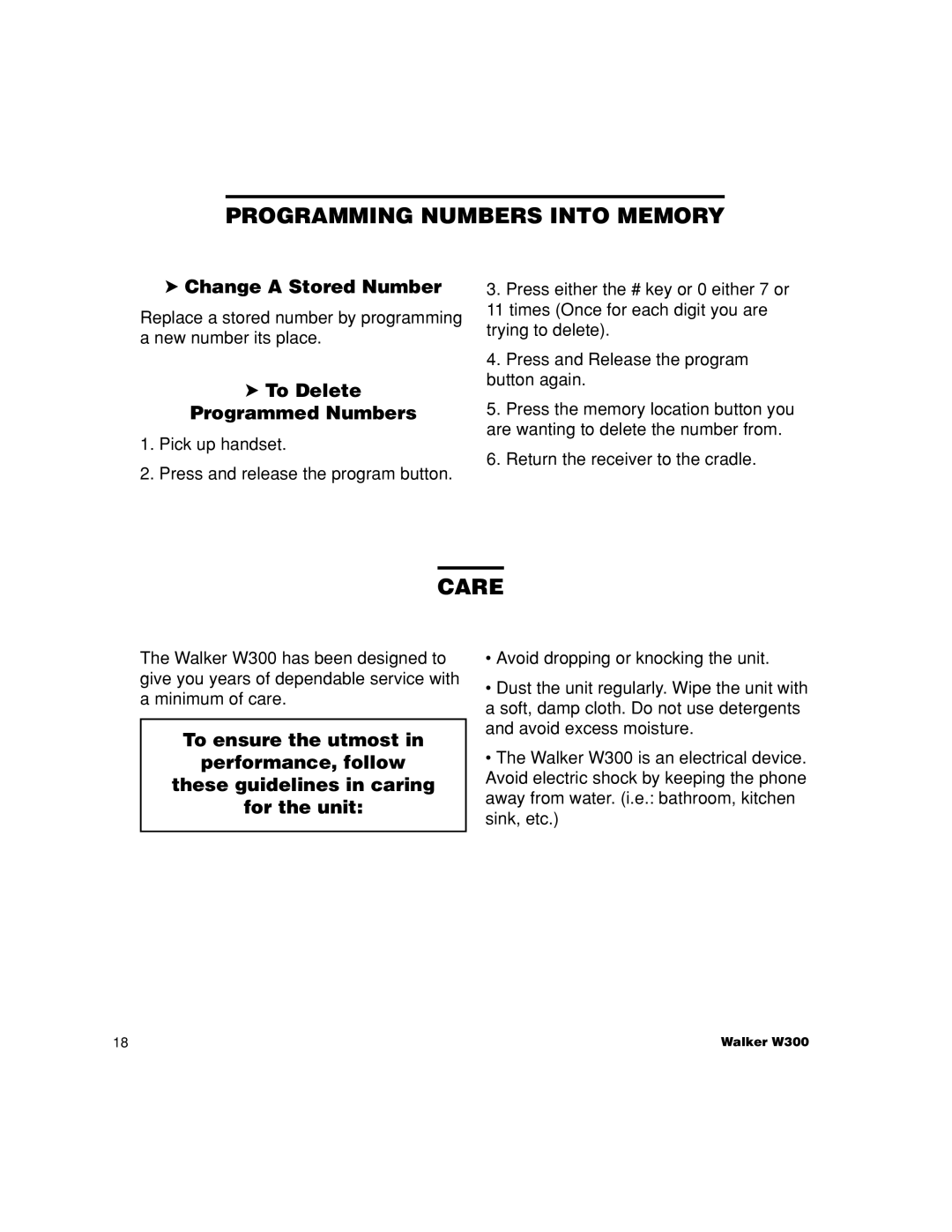 Walker W300 manual Care, Change a Stored Number, To Delete Programmed Numbers 