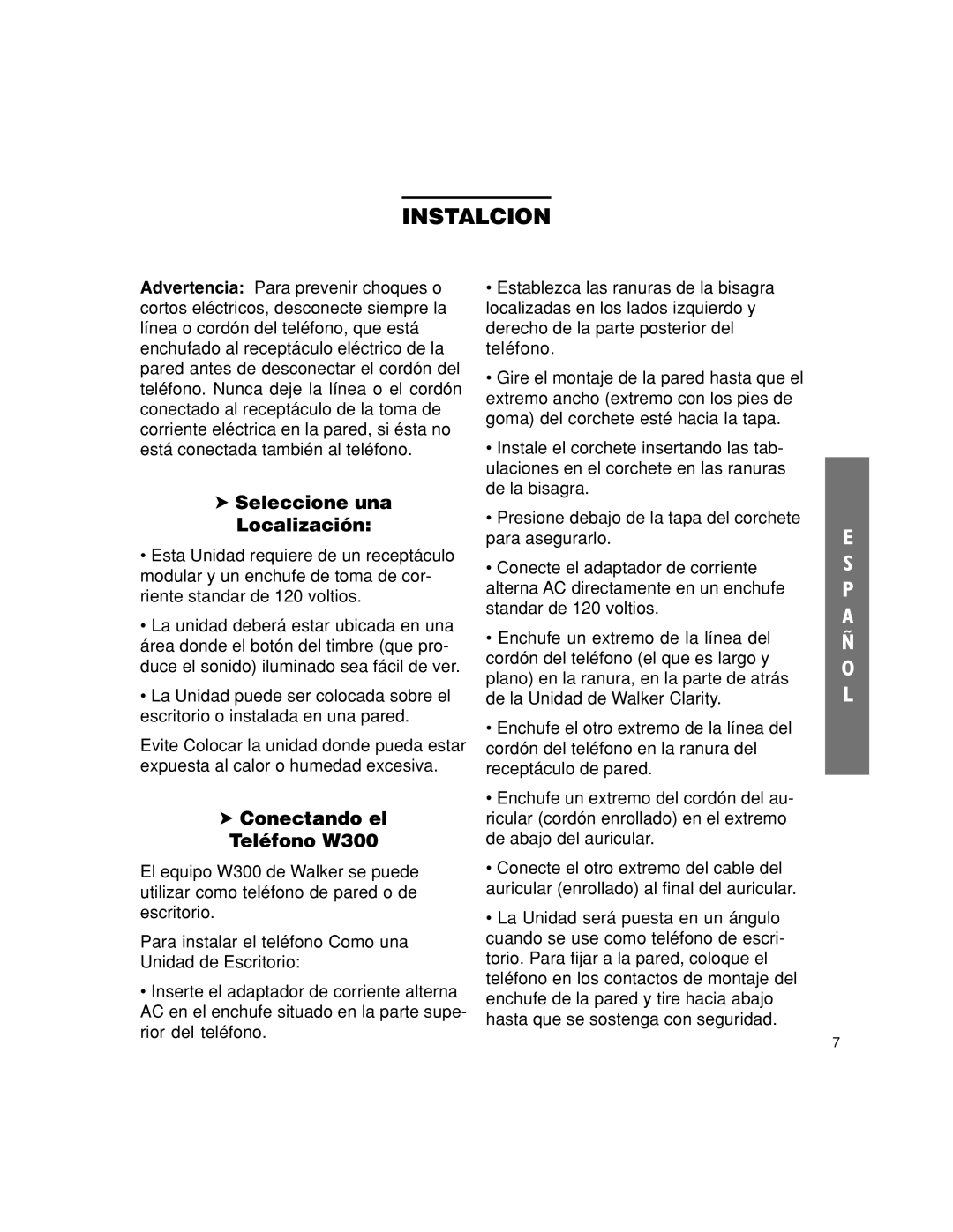 Walker manual Instalcion, Seleccione una Localización, Conectando el Teléfono W300 