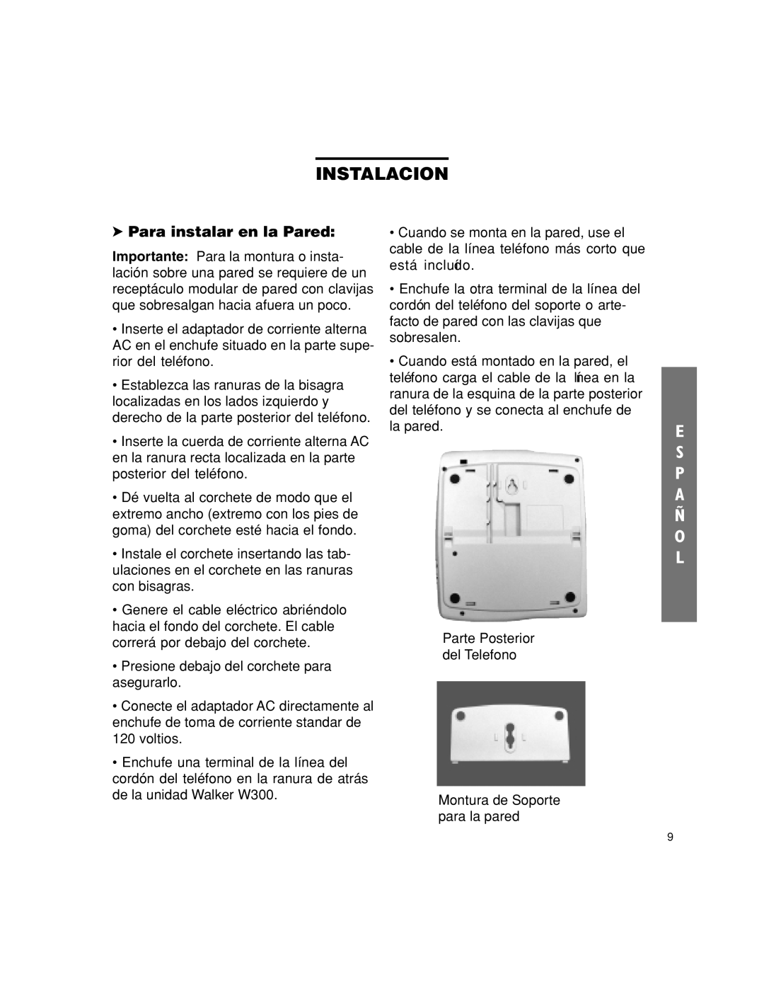 Walker W300 manual Instalacion, Para instalar en la Pared 