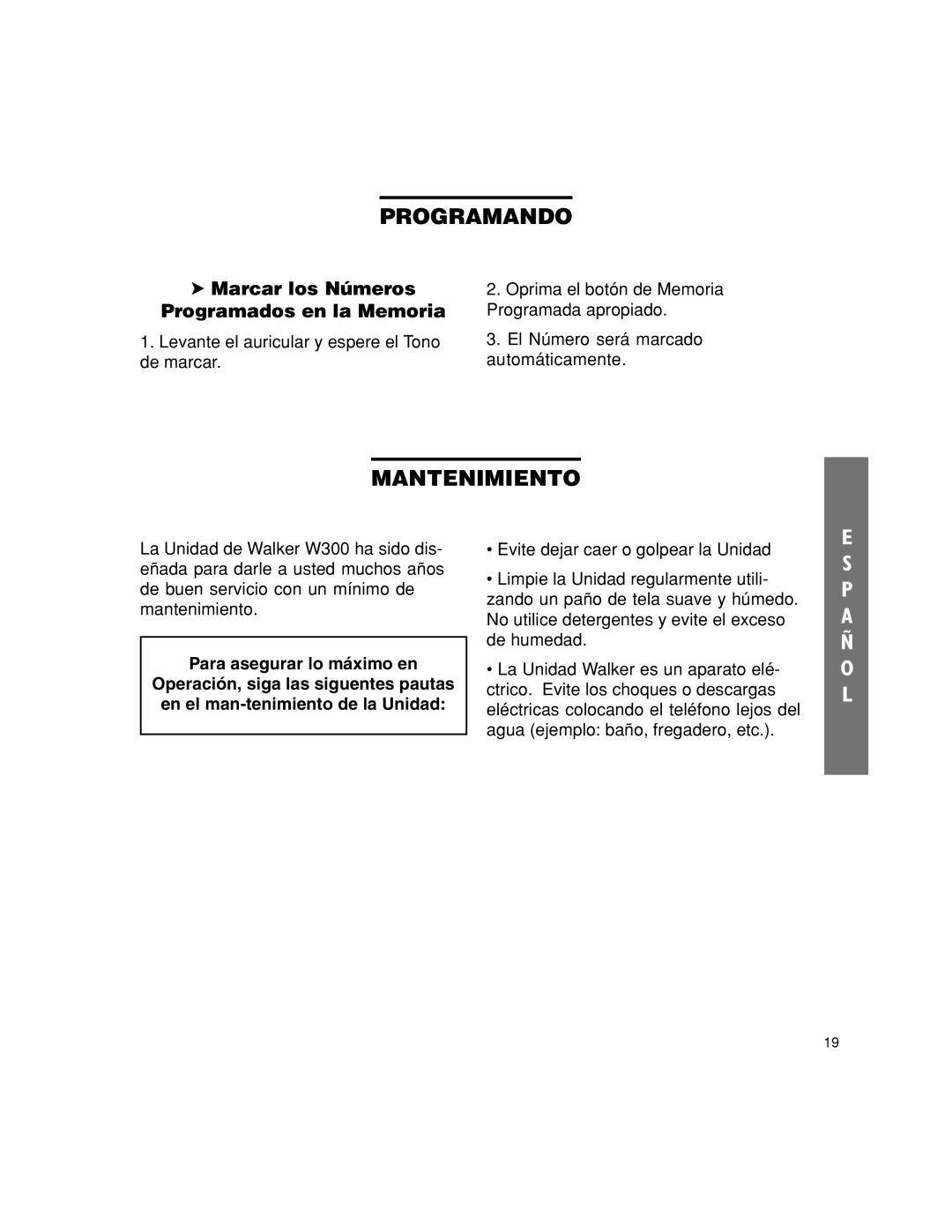 Walker W300 manual Programando, Mantenimiento, Marcar los Números Programados en la Memoria 