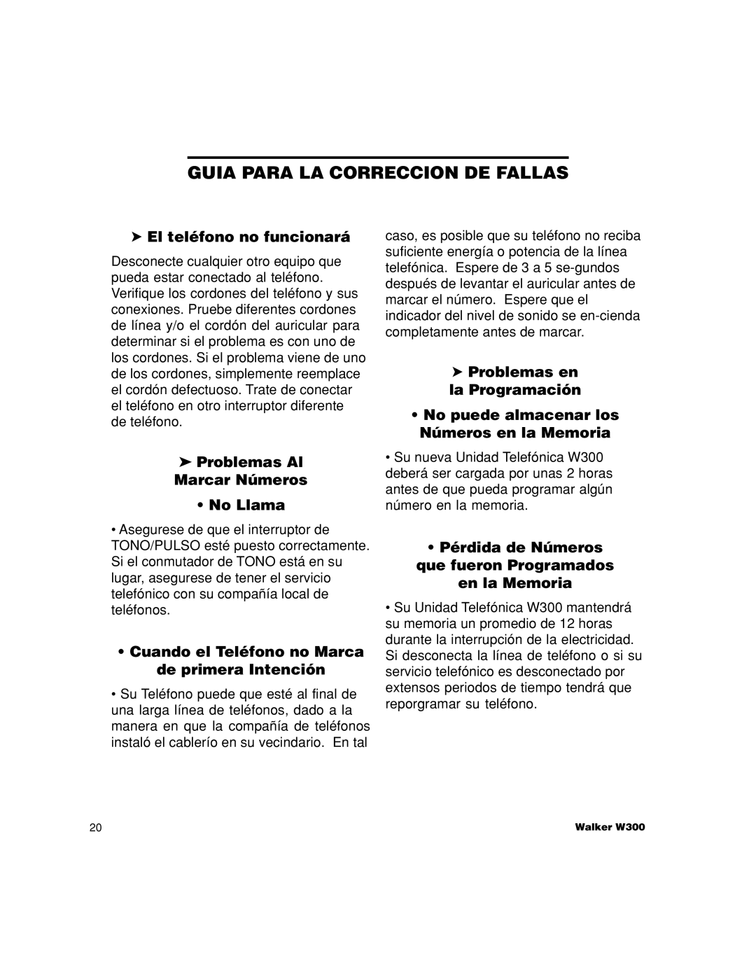 Walker W300 manual Guia Para LA Correccion DE Fallas, El teléfono no funcionará, Problemas Al Marcar Números No Llama 