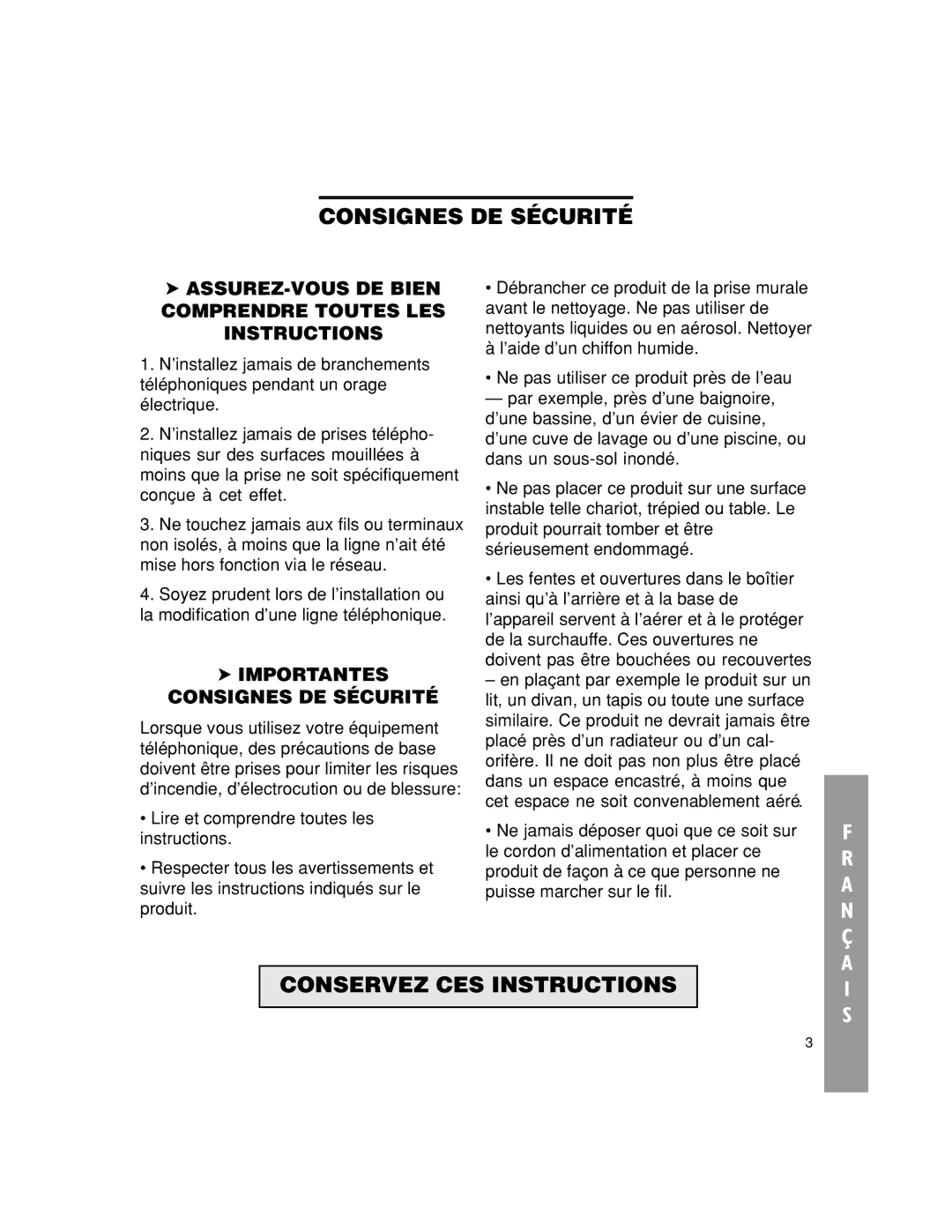 Walker W300 manual Consignes DE Sécurité, Conservez CES Instructions 