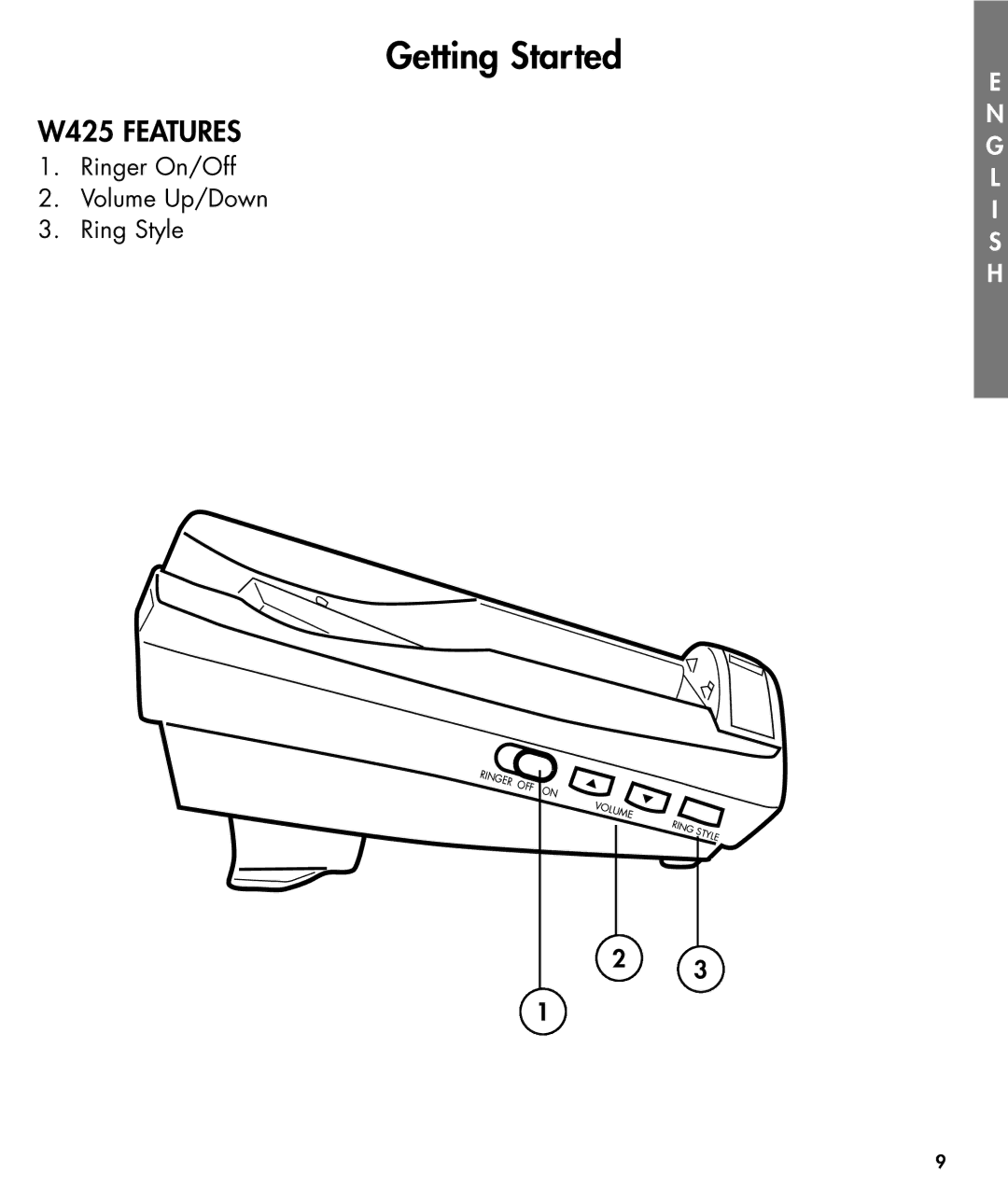 Walker W425 manual Ringer On/Off Volume Up/Down Ring Style 