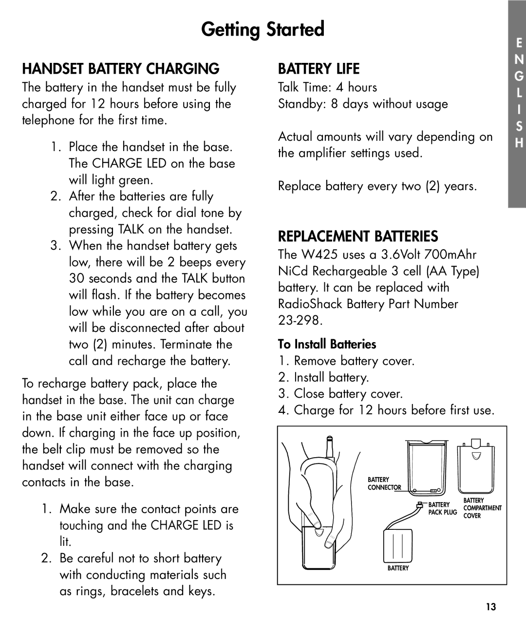 Walker W425 manual Handset Battery Charging, Battery Life, Replacement Batteries 