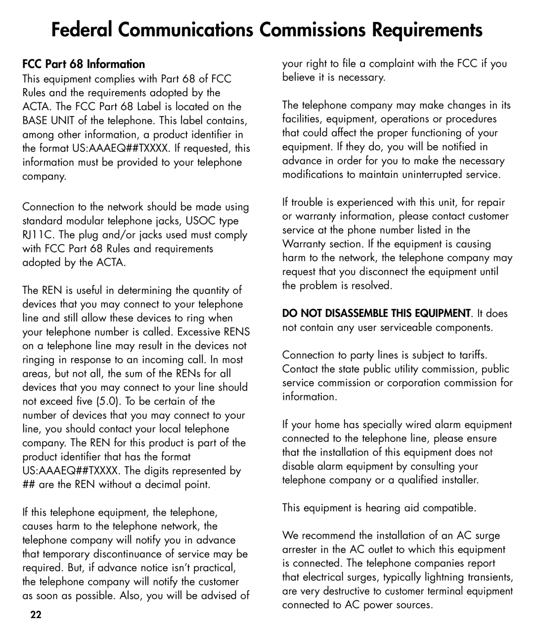 Walker W425 manual Federal Communications Commissions Requirements, FCC Part 68 Information 