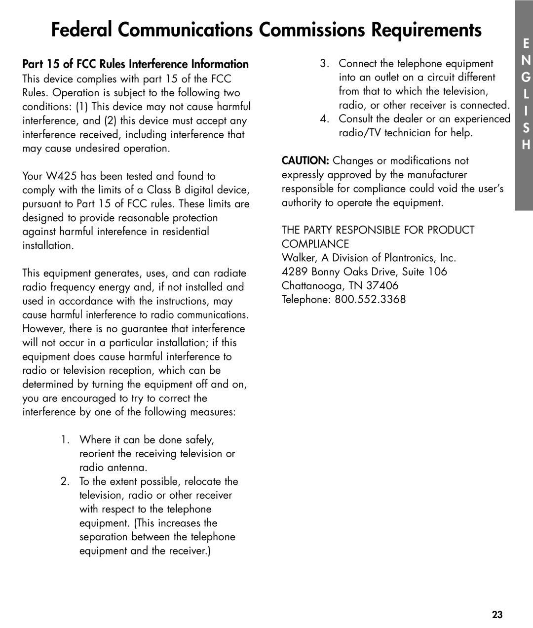 Walker W425 manual Part 15 of FCC Rules Interference Information 