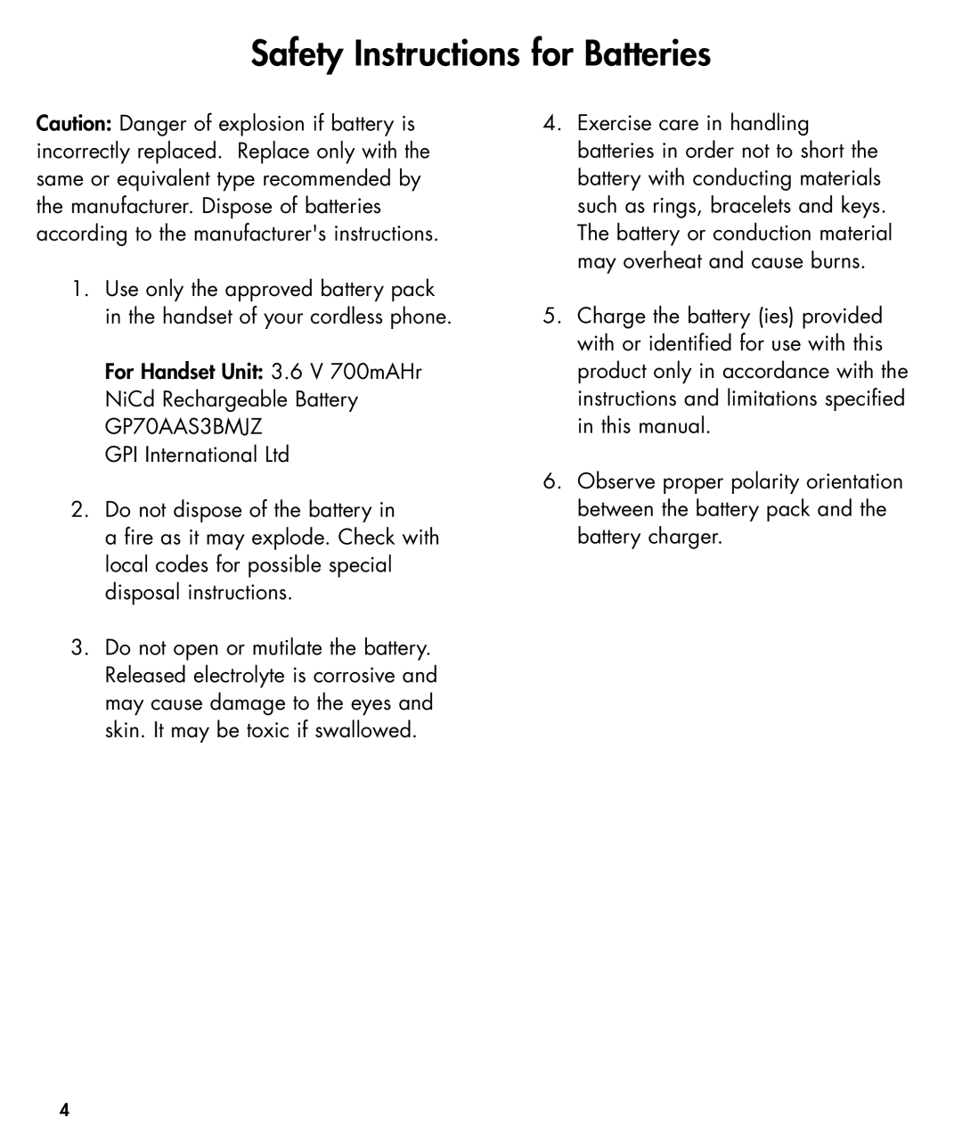 Walker W425 manual Safety Instructions for Batteries 