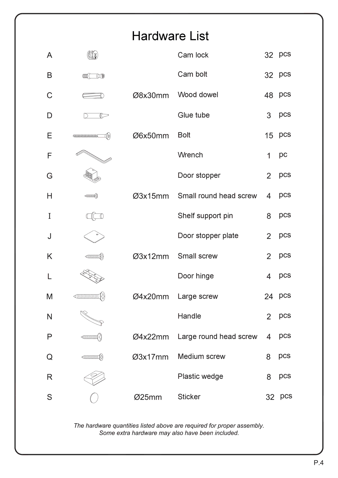 Walker W42C77BL manual Hardware List 