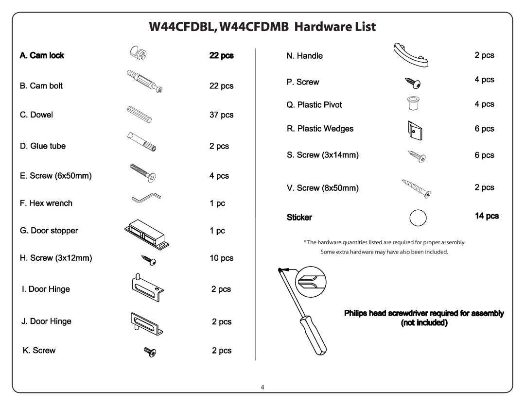 Walker manual W44CFDBL,W44CFDMB Hardware List 