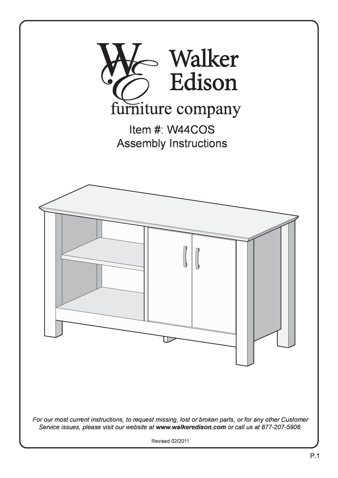 Walker W44COSBL manual Item # W44COS Assembly Instructions, Revised 02/2011 