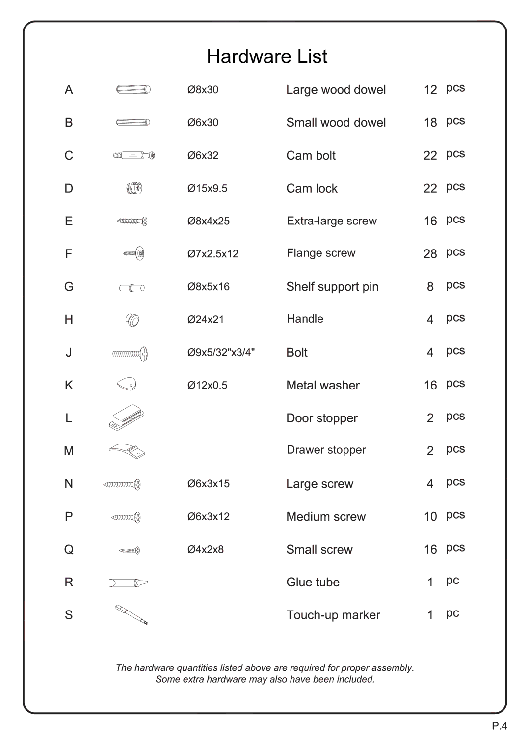 Walker W52C2DWWB, W52C2DWBL manual Hardware List 