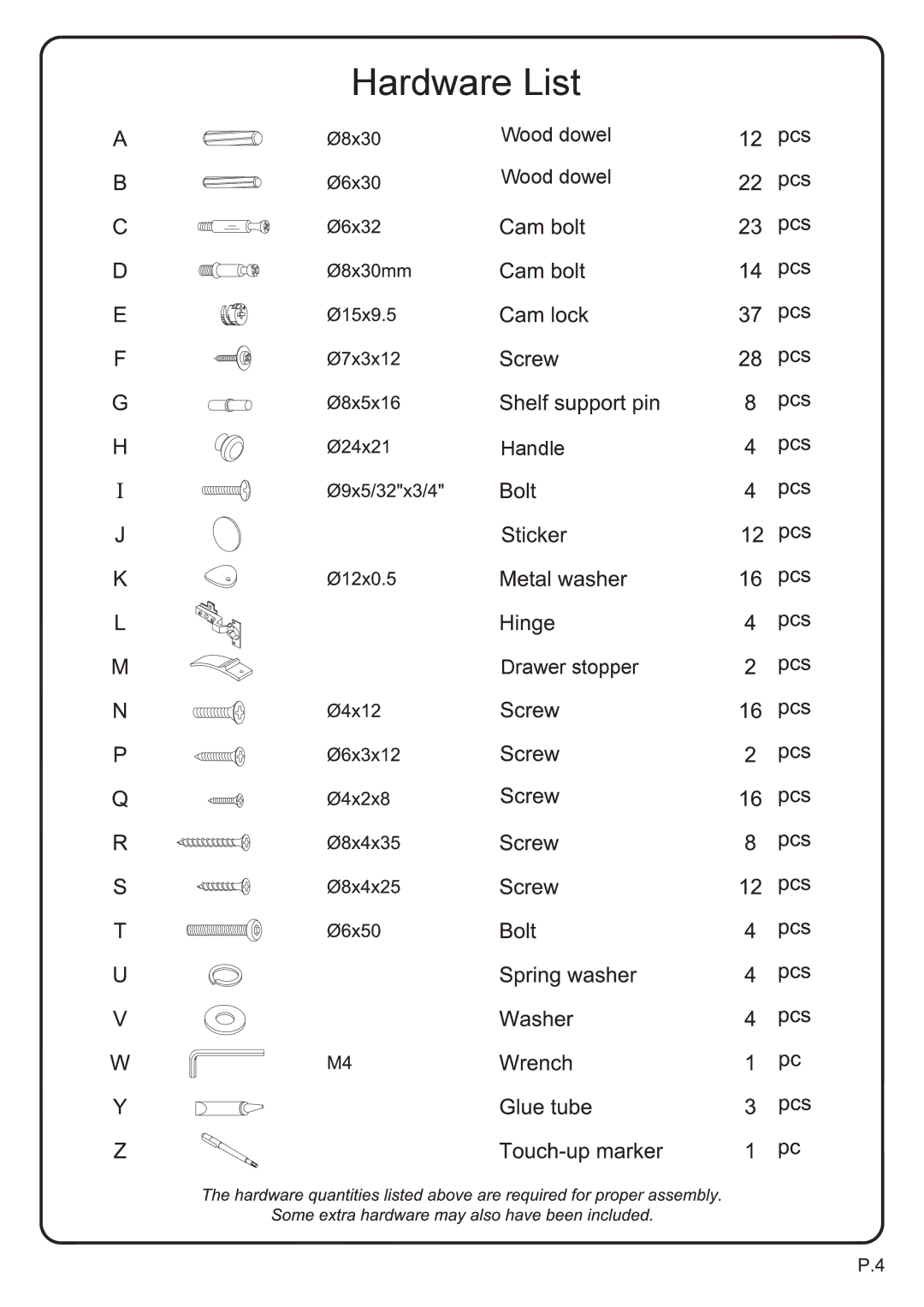 Walker W52C4CTBL manual Hardware List 