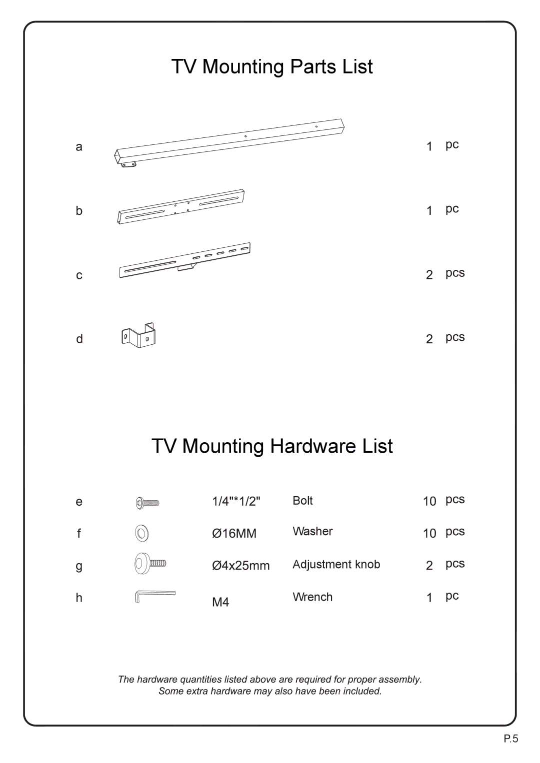 Walker W60C73BL-MT, W60C73MB-MT manual TV Mounting Parts List TV Mounting Hardware List 