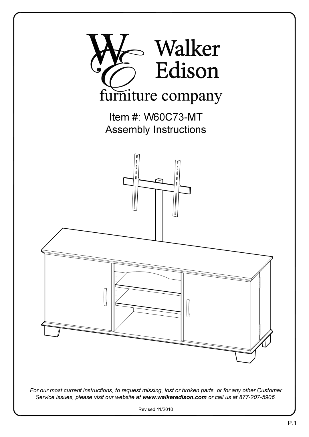 Walker W60C73MB-MT, W60C73BL-MT manual Item # W60C73-MT Assembly Instructions, Revised 11/2010 