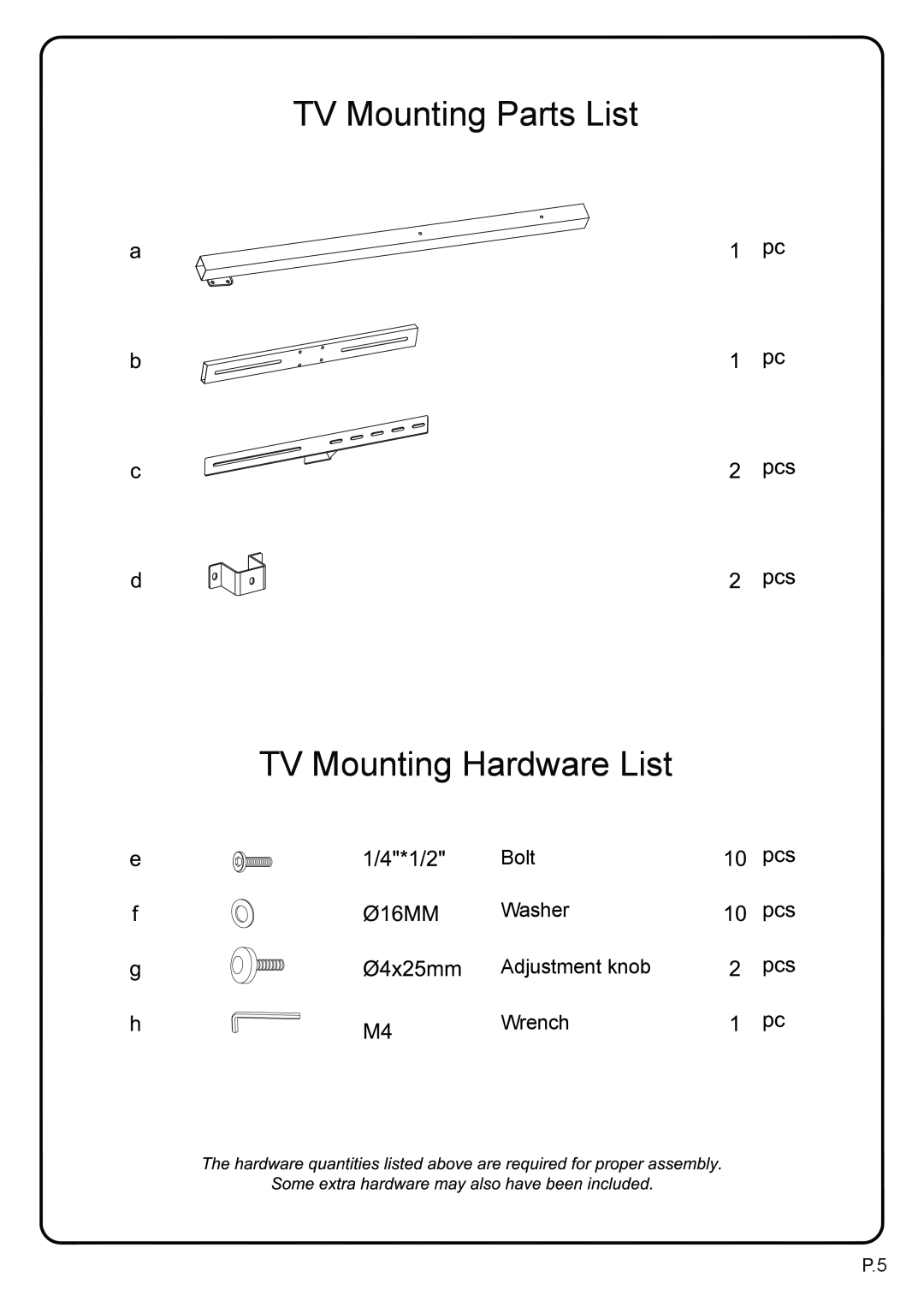 Walker W60C73BL-MT, W60C73MB-MT manual TV Mounting Parts List TV Mounting Hardware List, Bolt Washer Adjustment knob Wrench 