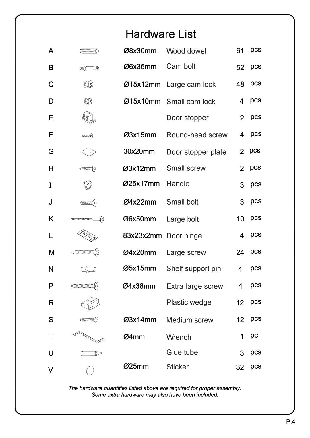 Walker WQ42BC3TB, WQ42BC3BL manual Hardware List 