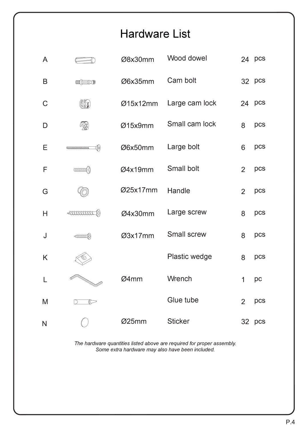 Walker WQ44CMPTB manual Hardware List 