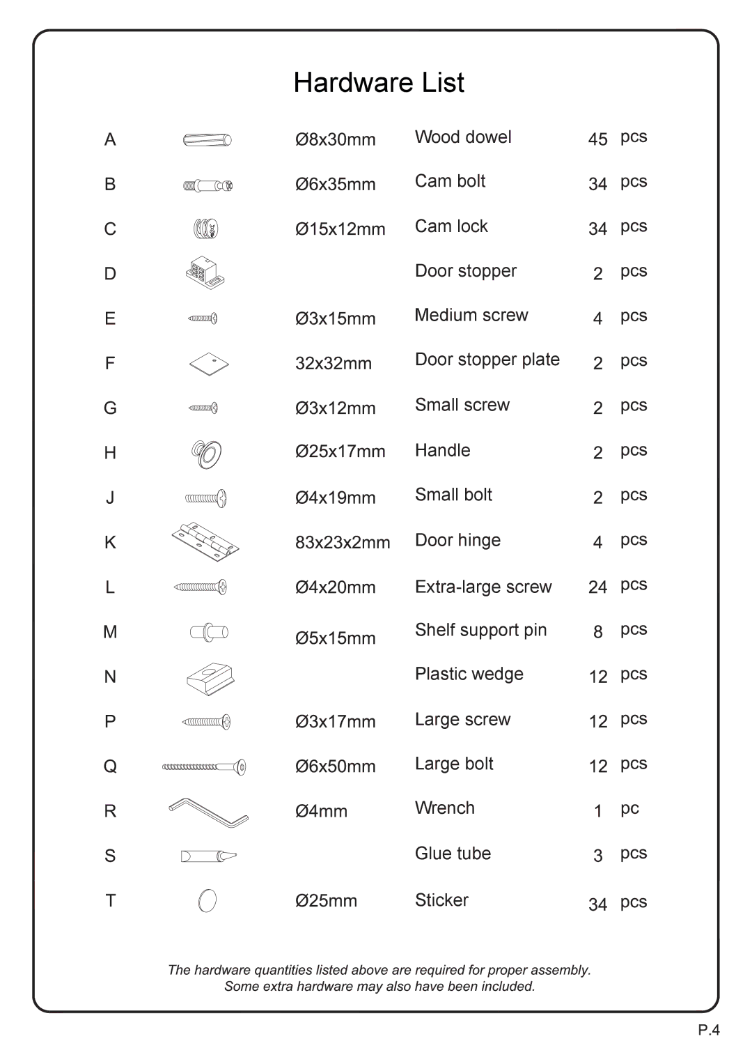 Walker WQ60C73TB manual Hardware List 